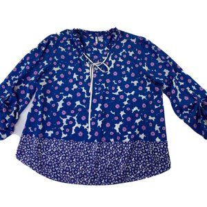 ELLE Blouse Top Blue And Pink Floral Size Large